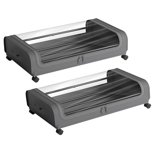 Image of Nayasa Under Bed Storage Box | Storage Organizer | Ideal For Small Space Clothes Storage | Clothes, Shoes, Toys, Books With Clear Cover | Lockable Wheels | Set of 2 | Grey
