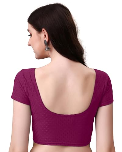Image of Mogsa Women's Stretchable Dobby Cotton Lycra Saree Blouse | Readymade Stitched Blouse | Round Neck | Short Sleeve | Soft & Comfortable Ethnic Blouse for Saree Wear