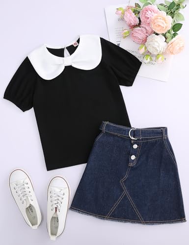 Girls Peter Pan Collar with Cute Bow Puff Short Sleeve Kids Fashion Shirts Summer Top Blouse2