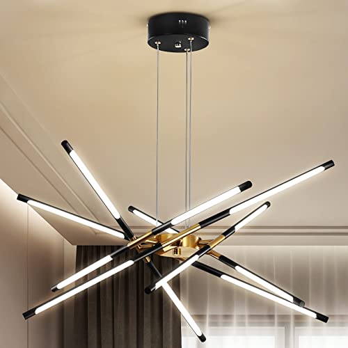 Modern Chandelier,Black And Gold Chandelier 12 Light Led Dimmable Pendant Lights,Easy To Install Ceiling Light 54W Linear Hanging For Dining Room, Kitchen,Bedroom 3000K-6000K With Remote Control #TOP16