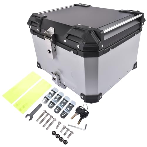 GLOSSY AUTO PARTS 55L Plata Universal Motocicleta Top Box Equipaje Trasero Almacenamiento Case Aluminio Aleación Cola Tronco Impermeable