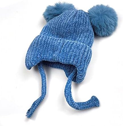 Cute Bear Kids Winter Hat with Ear Flaps 1-5 Years Dual Pom-Pom Chenille Knitted Warm Hat for Baby Girls Boys Fleece Lined Warm Earflap Cap with Strap Toddler Cold Weather Furry Warm Beanie Hat,Blue