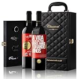 «La vida está hecha para buenos amigos y grandes vinos» Mensaje en una Botella. Estuche-Maletín de LUJO 2x Vino Tinto Premium Reserva 12 Meses y Set de 4 Accesorios. Etiqueta Roja PERSONALIZABLE