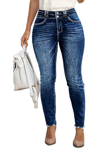 Flamingals Skinny Jeans for Women Mid Rise Casual Stretchy Raw Hem Double Button Washed Denim Jeans