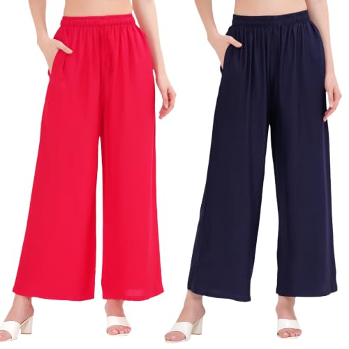 Image of Buy That Trendz Palazzo Pants for Women Rayon Elasticated Regular Fit Flared Wide Leg M to 6XL Pack of 2