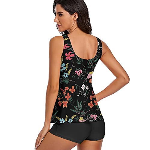 Image of Modest Tankini Swimsuits for Women Two Piece Bathing Suits Floral Print Tank Top with Boyshorts Tummy Control Swimming Suits