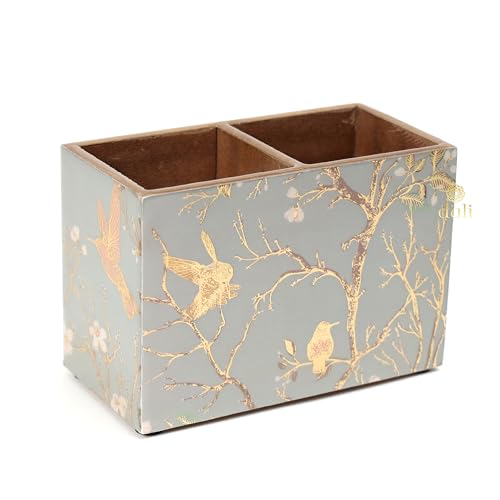 Image of DULI Multipurpose Stand, Cutlery Holder, Spoon Stand, Table Organizer with 2 Sections, Chammach Stand (10cm x 15cm) (MCDPSDbl- SilverGoldBirds NON-WP)