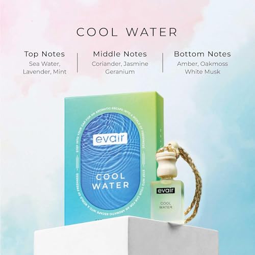 Image of Evair Hanging Car Air Freshener | Car Accessories Interior | Car Perfume Aroma with Essential Oils Fragrance in Glass Bottle with Wooden Diffuser Lid | 10 ml- Pack of 2 (Cool Water & Sandalwood)
