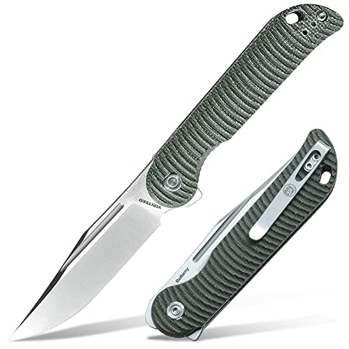 Vosteed Pocket Knife, 3.44 inch EDC Folding Knife with Clip for Men, Lightweight Flipper Knife with Green Micarta Handle and 154CM Satin Blade, Bellamy Series