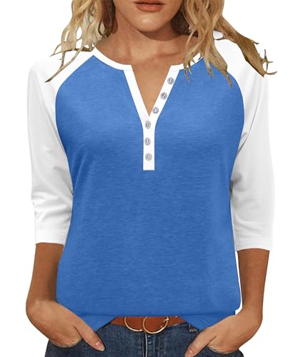 Heymiss Womens Summer Tops 3/4 Length Sleeve V Neck Casual Color Block Tunic Tops Dressy
