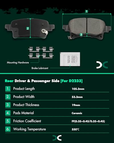 Image of SCITOO D2233-9472 Disc Brake Pads Sets Rear Ceramic Brake Pads w /Hardware | For Jeep For Gladiator 2020-2023,For Wrangler 2021-2023