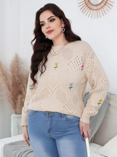 SHENHE Women's Plus Size Crochet Floral Embroidered Crew Neck Eyelet Knitted Cute Loose Sweater Pullover Top4
