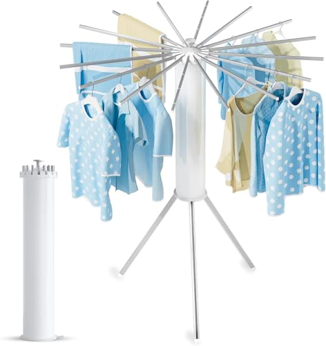 Image of Tripod Clothes Drying Rack Clothing Foldable & Portable Garment Rack Space Saving Laundry Aluminum Standing with 16 Poles Silver & White Floor Collapsible Household Indoor & Outdoor Holder