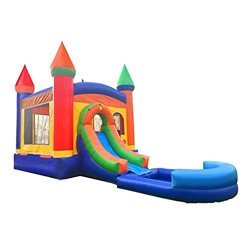 Inflatable Bounce House and Wet / Dry Slide with Wet Pool Attachment | Crossover Rainbow Castle Combo | 12' Foot x 12' Foot Bouncy Area | Includes Blower, Anchor Stakes, and Storage Bag