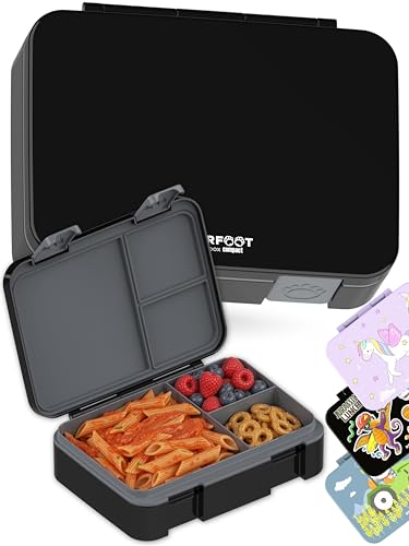 Image of BEARFOOT Kids Lunch Box with Compartments - Compact & Lightweight | Leak-Proof, BPA-Free, Dishwasher Safe | Hand-Drawn Design for Preschool, School, Travel (Black, 4 Cups)