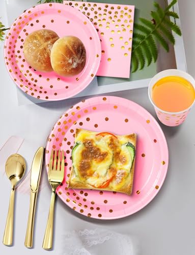 Image of Nkaiso 141Pcs Pink Gold Paper Plates and Napkins Party Supplies-20 Guests