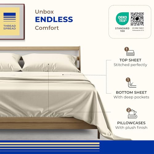 Image of THREAD SPREAD Full Size Bed Sheets, Luxury 1000 Series Paradise Collection 100% Egyptian Cotton Sheets Full Size Set (4 PC, Ivory), Silky Soft, Cooling, Sateen, 16 inch Deep Pocket Hotel Sheet Set