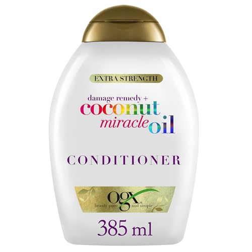 OGX Coconut Miracle Oil Conditioner (385 ml), acondicionador hidratante con aceite de coco, esencia de tiaré y extracto de vainilla, sin sulfatos ni parabenos, para cabello seco y dañado