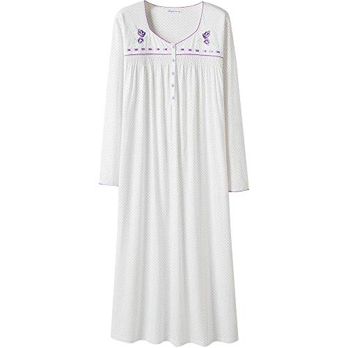 Keyocean Nightgowns for Women Plus Size, All Cotton Long Sleeve Long Nightgowns, Soft Lightweight Sleepwear, X-Large, Purple Dots