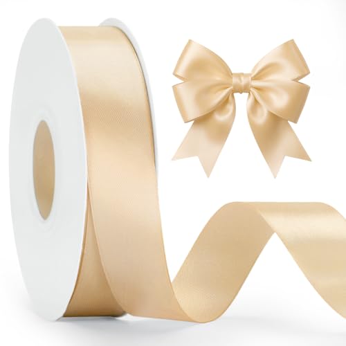 KINGLAKE Champagne Gold Satin Ribbon - 1 Inch x 50 Yards Champagne Satin Ribbon for Gift Wrapping Flower Bouquet Crafts Leis Wedding Bridal Shower Baby Shower Birthday Graduation Christmas Decor
