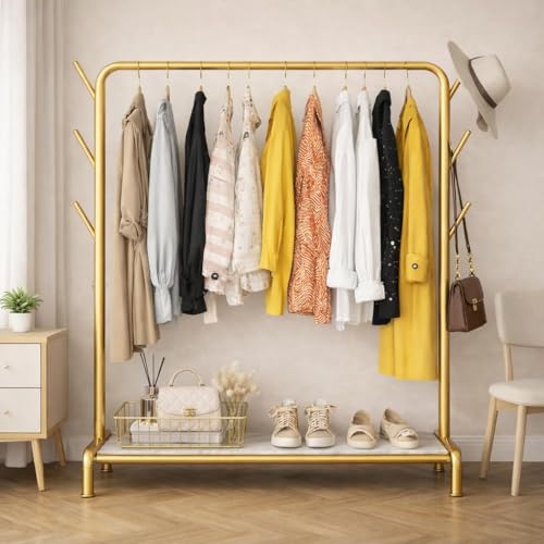 Image of Single Pole Coat Hanger /Cloth Stand /Garment Stand with Bottom Shelves - Metal Garment Rack for Organized Storage 8 Hook (Gold)