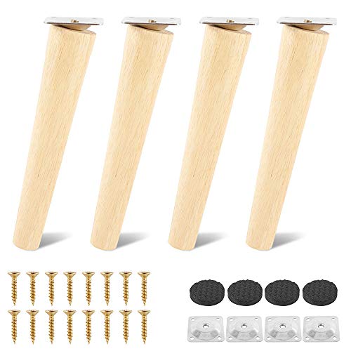 Pieds de Canapé en Bois 4Pcs, Pieds de table avec plaques de montage et vis, pieds canapé Bois Caoutchouc pour Lit, Armoire, Tiroir, Canapé Angle droit/Biseau (20cm Hauteur,Biseau)