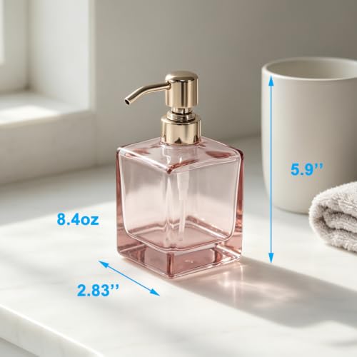 Image of Square Soap Dispenser Glass Blush Pink and Polished Gold, 8.4oz