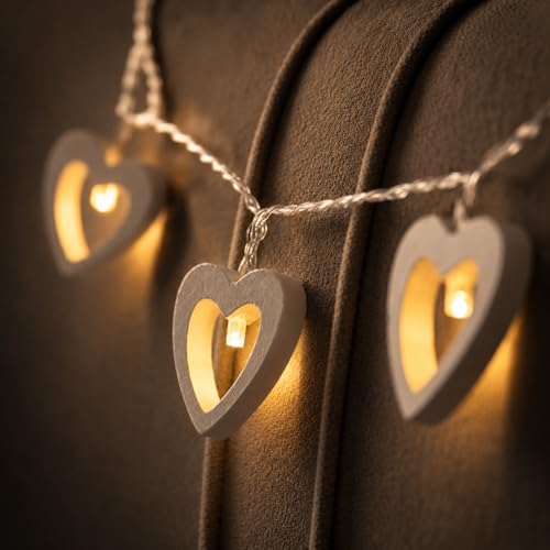 Festive Lights Décoration Intérieure Guirlande Lumineuse 10 Cœurs en Bois Blanc avec LED Éclairage Blanc Chaud