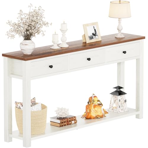 iSunirm Table console de ferme à 3 tiroirs en bois de 120 cm de large avec compartiment de rangement pour salon, derrière le canapé, table de couloir pour...