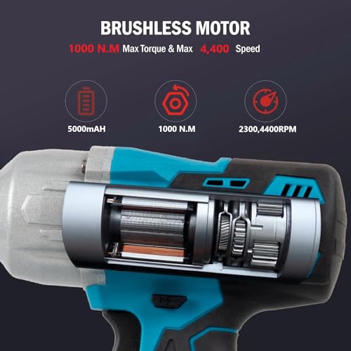 Image of Krost Pro Series 1000Nm Torque Cordless Impact Wrench 1 /2 inch, Brushless Motor 21V(37V Max) Double Li-Ion Batteries, Auto Stop Function, Forward /Reverse Rotation, Variable Speed (Cordless Kit) - Hex