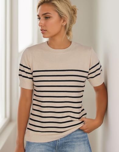 Womens 2025 Striped Tops Sweater Loose Knit Lightweight Short Sleeve Pullover Sweater Shirt4