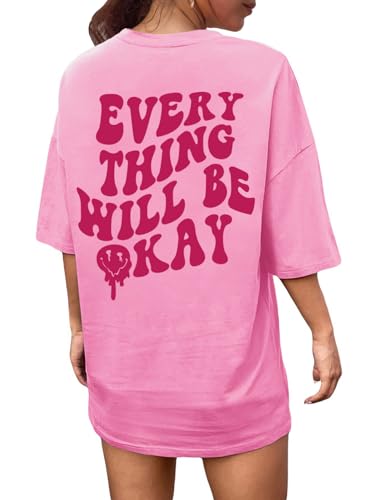 Image of CMTOP Womens Tops Oversized T-Shirts Round Neck for Women Ladies Short Sleeve Printed Summer Casual Tunic Tops (Pink, L)