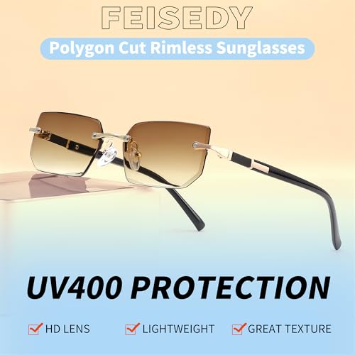 Image of FEISEDY Rimless Sunglasses Y2K Retro Small Narrow Clear Eyewear Vintage Rectangle Sunglasses for Women Men B2643