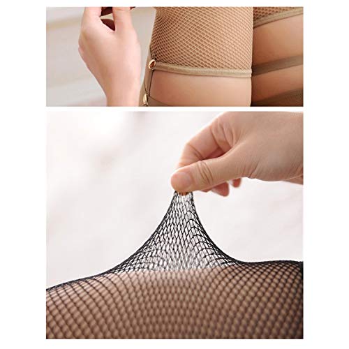 Bas sexy en dentelle extensible beige cuissardes résille - 3