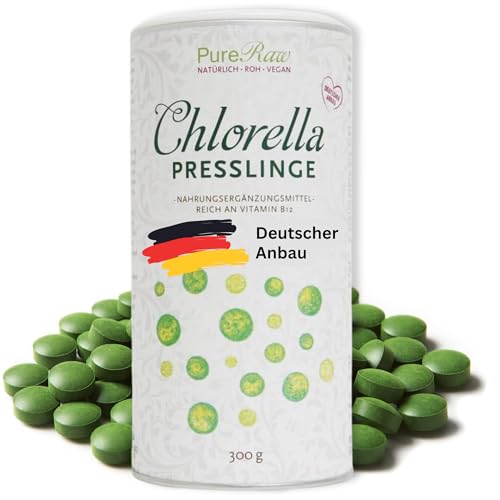 Chlorella Tabletten Presslinge aus Deutschland - Regional, Rein & Kontrolliert (Roh Vegan) Algen Presslinge reich an Vitamin B12 Eisen Chlorophyll Spermidin - ChlorellaVulgarisTablets von PureRaw 300g