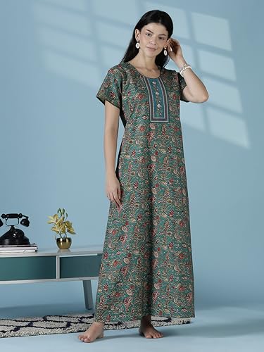 Image of 9shines Label Stylish Pure Cotton Nighty Maxi for Women | Embroidery Neckline Nightgown | A-Line Nightdress with Pocket | Floral Night Gown| Soft Comfortable Cotton Sleepwear (Cotton Yoke)