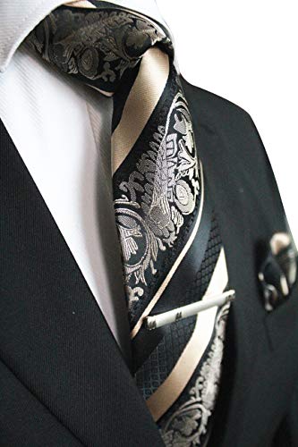 JEMYGINS Gold Floral Tie, Silk Necktie and Pocket Square Hankerchef Tie Clip Sets for Men(5)