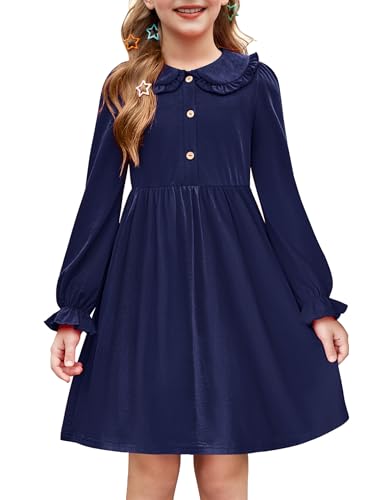 Arshiner Girls Long Sleeve Dress Fall Winter Ruffle Peter Pan Collar Front Button Casual Cotton Dresses