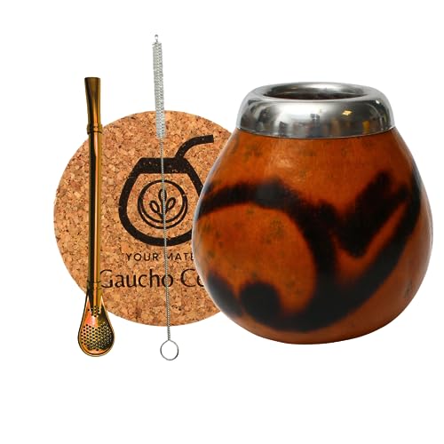 Gaucho Cebar Juego de calabazas naturales para té Yerba Mate | Taza de calabaza y pajita de acero inoxidable Bombilla Straw | Accesorios: almohadilla de corcho y