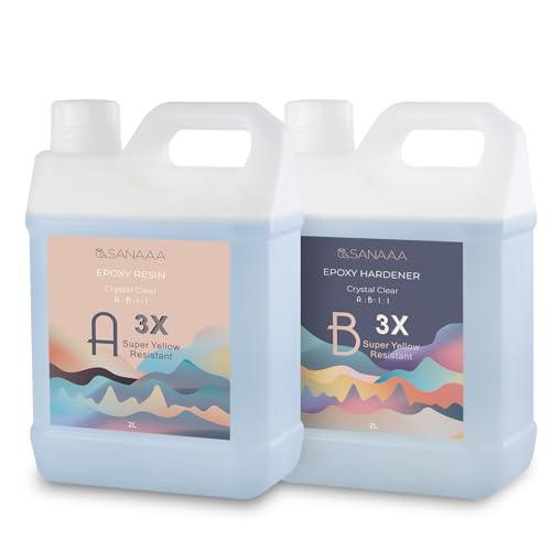 SANAAA Resina epossidica lucidissima 3X resistente alla colorazione gialla 4000 g, resina autolivellante e indurente, trasparente e senza bolle, adatta per gioielli, rivestimenti in legno e resine da