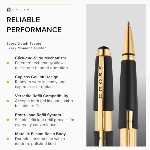 Image of Cross Edge Matte Black Lacquer Rollerball Pen with Gold PVD Appointments - Refillable, Luxury Gift Box