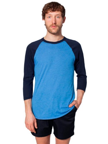 American Apparel Unisex Poly-Cotton 3/4 Sleeve Raglan Shirt, Heather Lake Blue/Navy, Large