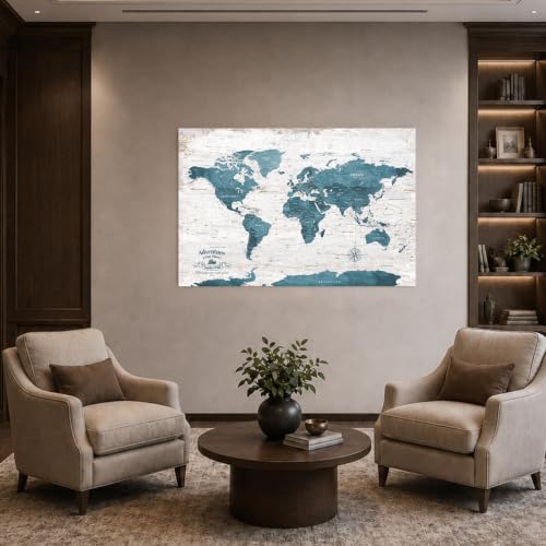 Image of IPIC Antique Blue World Travel Map with Pins, World Map Pin Board, 42x28 in
