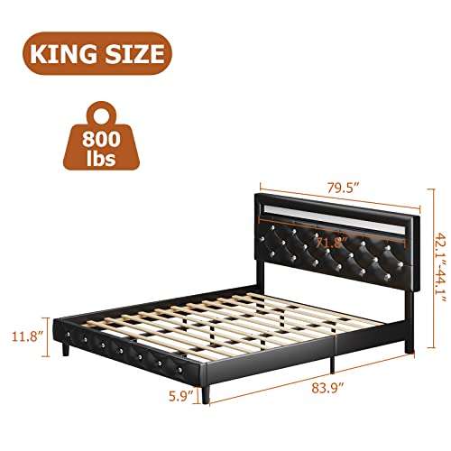 Modern Upholstered Platform Bed Frame With Led Headboard, Faux Leather Low Profile Platform Bed Frame, Strong Wood Slat Support, Adjustable Upholstered Headboard, Easy Assembly, Black, King Size #TOP1