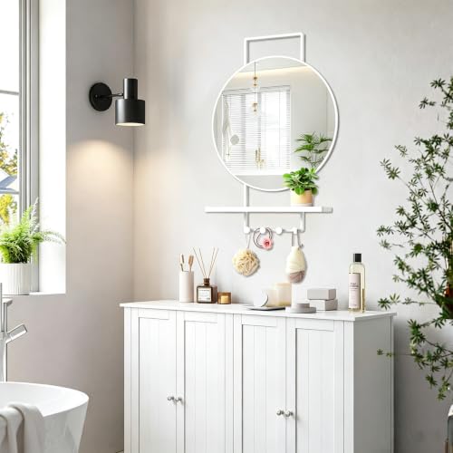 Image of BEAUTME Wall Mirror with Shelf and Hooks, 30x20 Inch Metal Framed Round Bathroom Mirrors with Shelf, Modern Farmhouse Wall Decor for Living Room Bedroom Entryway, Vertical (White)