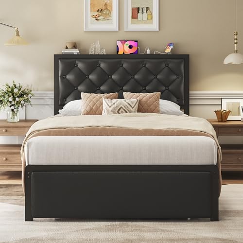 Image of Fluest Twin Bed Frame with Storage Drawer, Upholstered Headboard Button Tufted Bed Frame with Charging Station, No Box Spring Needed, Noise-Free, All Metal Structure, Black