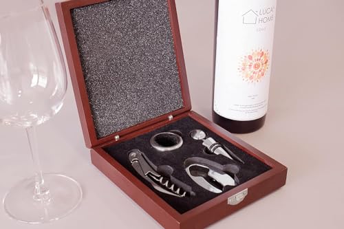 LucaHome - Set de accesorios sommelier con caja de madera para vino - Incluye sacacorchos, corta capsulas, tapón y anillo de goteo - Ideal para regalo (Estuche 4 accesorios personalizado) - imagen 4