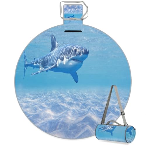 Shimoshe Ocean Sea Animal Shark Picnic Outdoor Blanket Foldable Waterproof Sandproof Beach Blanket Portable Water-Resistant Round Picnic Mat for Travel Camping Park Lawn