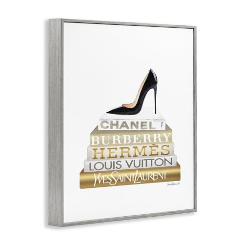 Image of Stupell Industries 'Black Heels Gold White Bookstack', Framed Giclee Art, Gray, 16 x 20 Inches, Easy to Hang and Sturdy, Made in USA, by Amanda Greenwood | Stupell Industries | Gray, 16 x 20 Inches, Easy to Hang and Sturdy, Made in USA, by Amanda Greenwood