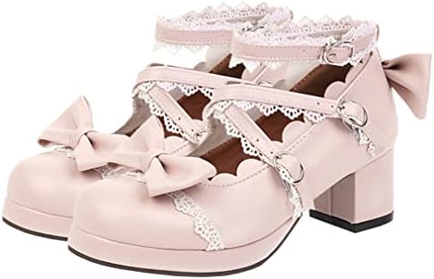 LUXMAX Women Cosplay Shoes Cross Strap Block Heel Mary Jane Lace Pumps, Size 7 M US,Pink
